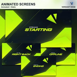 Puede incluir: Pantallas de transmisión en vivo de Twitch animadas con un fondo negro y acentos verde brillante. Las pantallas muestran el texto "Stream is Starting", "Will be Right Back", "Stream Ending" y "Stream Offline".