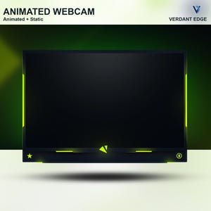 Puede incluir: Un marco de cámara web negro con un borde amarillo. El texto "ANIMATED WEBCAM" está en la parte superior del marco. El texto "Animated + Static" está debajo del título. El texto "VERDANT EDGE" está en la esquina superior derecha de la imagen.