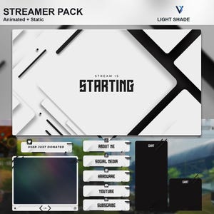 Op de afbeelding: Een wit en zwart streamer pack overlay met geometrische vormen en de tekst "STREAM IS STARTING". De overlay bevat een donatiemelding, een chatvenster en links naar sociale media.