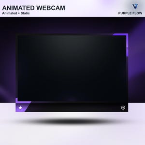 Puede incluir: Superposición de webcam animada con una pantalla negra, acentos morados y el texto "ANIMATED WEBCAM" en la parte superior. El diseño incluye una estrella y un icono de círculo. El fondo es un degradado de morado y blanco.