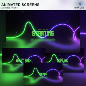 Puede incluir: Pantallas de transmisión de Twitch animadas con líneas de neón verde y morado. Las pantallas muestran el texto "Stream is Starting", "Will be Right Back", "Stream is Ending" y "Stream Offline".