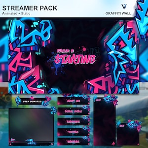 May include: A streamer pack with a graffiti theme. The background features a blue and pink graffiti design with the text "Stream is Starting". The pack includes a user donated alert, about me, social media, commands, youtube, and donate panels.