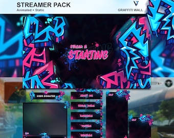 Graffiti Wall Animated Streamer Pack: Blue & Pink Twitch Overlay (Digital Download)