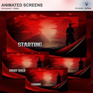 Feudal Japan Animated Screens Pack | Red Japanese Style Modern, Samurai Themed Twitch Screens, Background Bundle