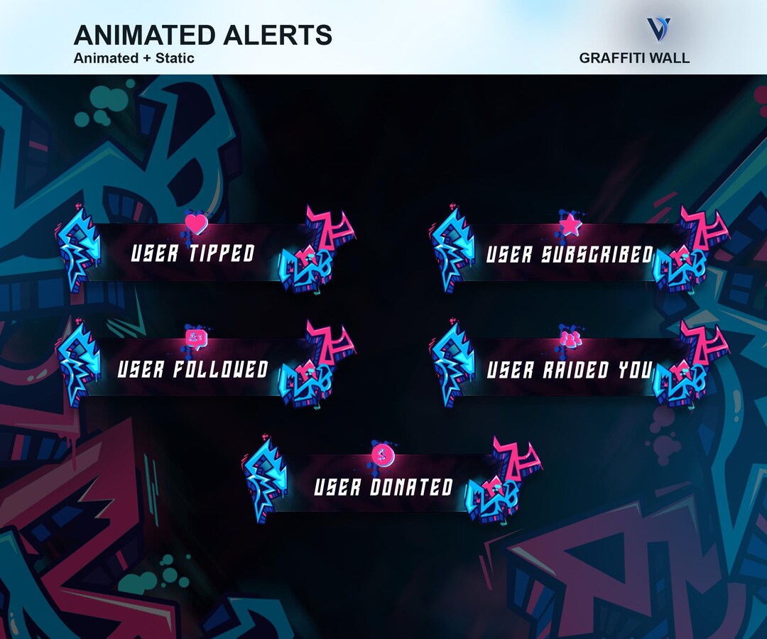 Graffiti Wall Animated Stream Alerts: Blue & Pink Twitch Overlays ...