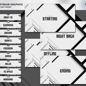 May include: A set of white and black Twitch stream graphics with a geometric design. The graphics include a starting, offline, and ending screen, as well as buttons for about me, commands, discord, donate, Facebook, games, rules, PC specs, and hardware.