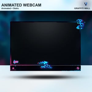 May include: A black webcam with a blue and pink animated graphic on the bottom. The webcam is set against a blue and purple background with the text "ANIMATED WEBCAM" and "Animated + Static" at the top. The text "GRAFFITI WALL" is in the upper right corner.