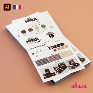May include: A branding guide for a coffee company called "Moka d'Aurore". The guide includes a color palette, logo variations, typography, and mockups of packaging and merchandise.
