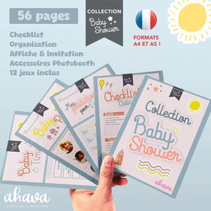 Peut inclure: Collection de papeterie sur le thème de la baby shower, comprenant des listes de contrôle, des invitations et des accessoires de photomaton. Le design présente des couleurs pastel, des illustrations de soleil et d'étoiles, et le texte "Baby Shower". 56 pages, formats A4 et A5.