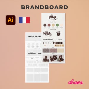Könnte beinhalten: Brandboard für ein Kaffeeunternehmen namens "Moka d'Aurore". Das Board enthält ein Logo, eine Farbpalette, Typografie und Verpackungs-Mockups.