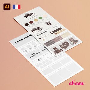 May include: A branding guide for a coffee shop called "Moka d' Aurore". The guide includes a logo, color palette, and font choices. The logo is a black and white illustration of a coffee bean with the text "Moka d' Aurore" in a stylized font.