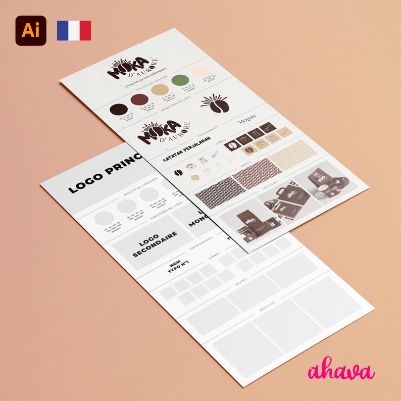 May include: A branding guide for a coffee shop called "Moka d' Aurore". The guide includes a logo, color palette, and font choices. The logo is a black and white illustration of a coffee bean with the text "Moka d' Aurore" in a stylized font.