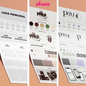 May include: A branding guide for a coffee company called "Moka d'Aurore" with a logo featuring a stylized sun and coffee beans. The guide includes color palettes, typography, and mockups of packaging and branding elements.