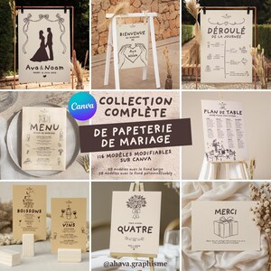 Peut inclure: Collection de modèles de papeterie de mariage, comprenant des panneaux, des menus et des plans de table. Les designs présentent des illustrations et du texte en français, avec une palette de couleurs neutres. Le logo Canva est visible.