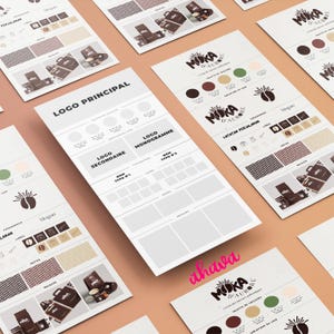 May include: A branding guide for a coffee company called "Moka d'Aurore". The guide includes a logo, color palette, typography, and patterns. The logo features a stylized coffee bean with a sun rising behind it. The color palette is brown, green, and white. The typography is a sans-serif font. The patterns are geometric and abstract.