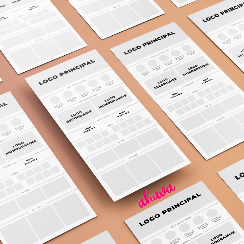 May include: A white sheet of paper with the text "LOGO PRINCIPAL" at the top. The sheet is divided into sections with different headings, including "LOGO MONOGRAMME", "LOGO SECONDAIRE", and "PALETTE DE COULEURS".