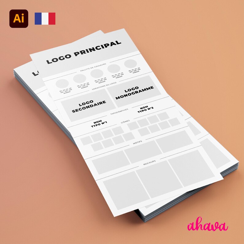 May include: A black and white design template for a logo. The template includes sections for the primary logo, secondary logo, and monogram. The template also includes sections for typography, icons, motifs, and mockups.