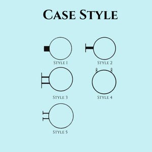 May include: Diagram showing five different case styles for a round sign. Each style features a different mounting option, including a single bracket, a double bracket, and hanging rings.
