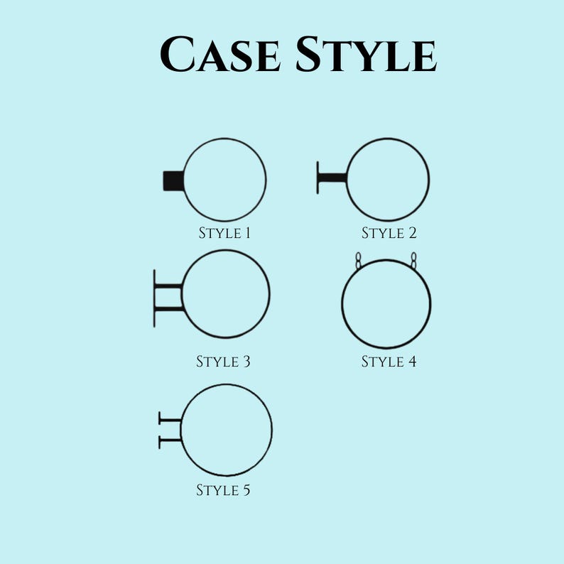 May include: Diagram showing five different case styles for a round sign. Each style features a different mounting option, including a single bracket, a double bracket, and hanging rings.