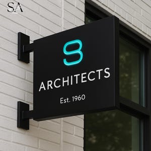 May include: A black rectangular sign for "ARCHITECTS" with a teal illuminated "8" logo. The sign is mounted on a white brick wall with black metal brackets. The text "Est. 1960" is below the company name.