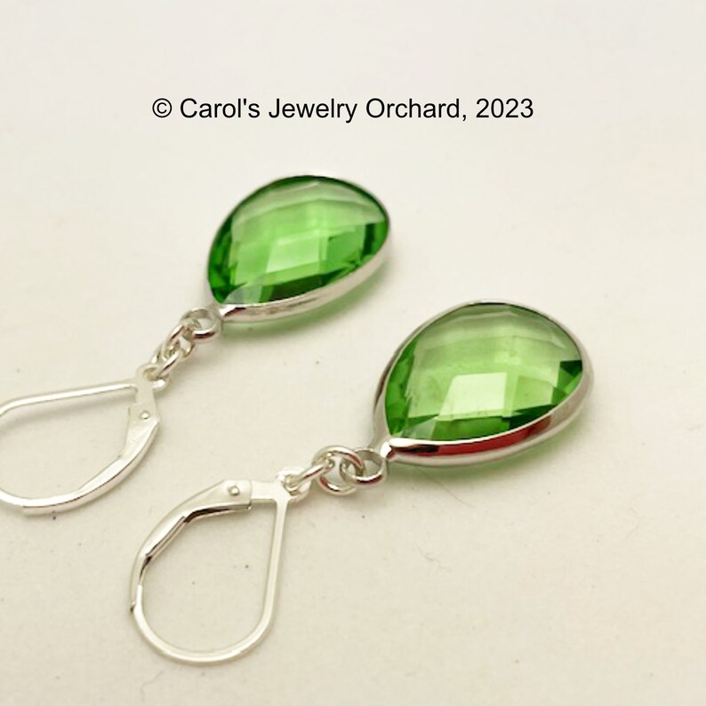 Handmade Peridot Teardrop Earrings with Sterling Silver Lever Back Earrings. Think of These Colorful Earrings for an August Birthday Gift image 2
