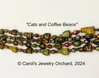 Handmade multi-stranded bracelet, "Cats and Coffee Beans" - Czech Pressed Glass Beads with antiqued brass spacers & seed beads. Slide clasp.