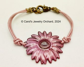 Handmade Leather Bracelet in Pink Leather - Large Daisy Focal Piece. New for Spring 2024, Great Gift for BFF, Teacher, or Gardening Friend.