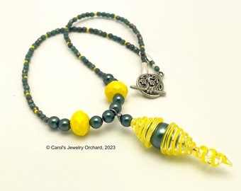 Handmade Yellow Artisan Glass Pendant Necklace with Tahitian Green Glass Pearls and Silver Accents. One of a Kind w/ Matching Earrings Avail