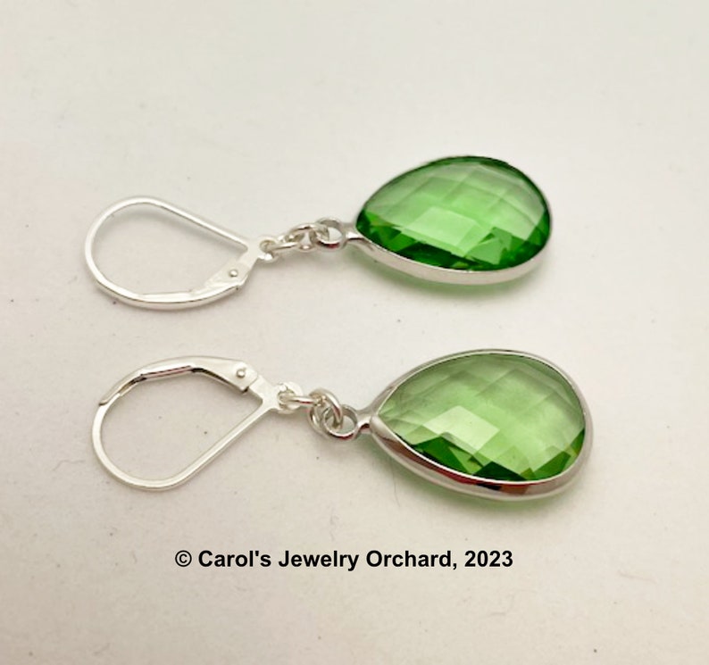 Handmade Peridot Teardrop Earrings with Sterling Silver Lever Back Earrings. Think of These Colorful Earrings for an August Birthday Gift image 3