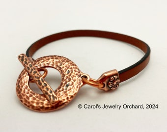 Handmade Leather Bracelet w/ Hammered Copper Toggle. One of a Kind Simple and Casual Jewelry. Versatile Brown leather. Affordable accessory.