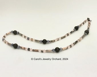 Handmade Beaded Gemstone Necklace of Rhodonite, pewter, and cat's eye beads along w/ pale pink Czech Glass. A subtle yet beautiful necklace.