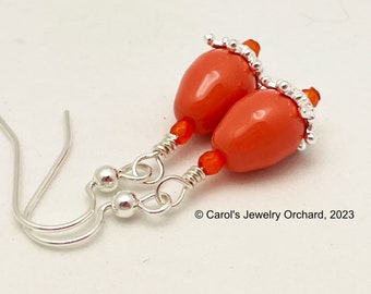 Orange Glass Pearl Earrings with Sterling Caps and Ear Wires for Vibrant Accessorizing. One of a Kind Handmade Jewelry. Affordable Accessory