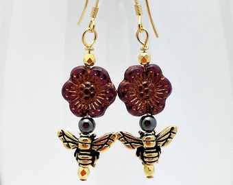 Handmade Bee Earrings. One of a Kind. Great Gift for Fall Birthdays. Nature Lover Gift. Affordable Fun Fashion Accessories. Pollinator gift.