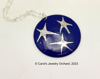 Handmade Moon & Stars Necklace for a New Celestial-Themed Jewelry Line. Sterling Silver Chain holds a large enamel pendant w/ Silver stars.