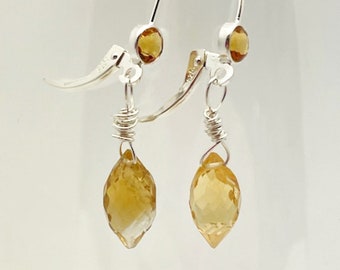 Handmade Sterling Wire Wrapped Gemstone Earrings w/ Citrine Accents and Briolette Stones. One of a Kind, Elegant Citrine & Sterling Earrings