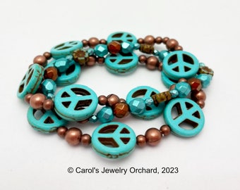 Handmade Peace Sign Bracelet Stretchy Bracelet Set. Dyed Howlite Peace Sign Beads, Czech Glass, and Copper Spacer Beads.  Three Bracelets.