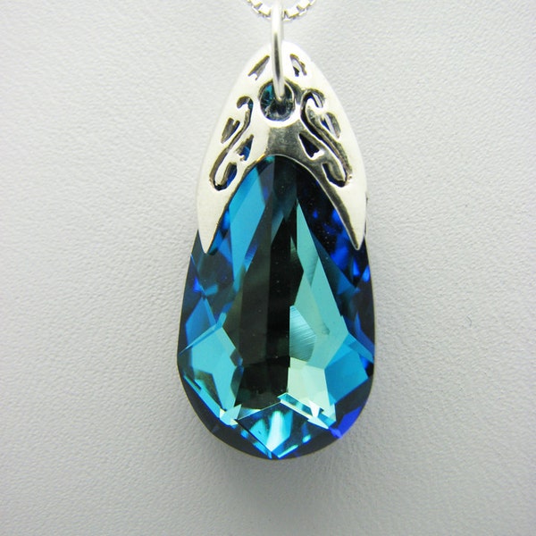 Swarovski Crystal Necklace of Bermuda Blue Crystal Teardrop with Sterling Bail and Chain