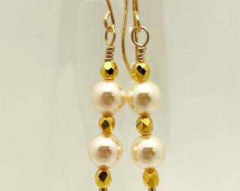 Handmade Glass Pearl Earrings - Cream & 24K Gold Plated Fire Polished Czech Glass. Matching Bracelet Available, Mother of the Bride Jewelry.