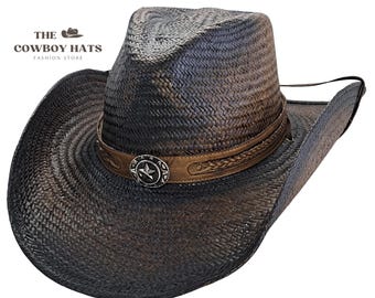 May include: A dark brown cowboy hat with a woven texture. The hat features a brown leather band with a silver-colored star-shaped buckle. The brim is wide and curved. The text "THE COWBOY HATS FASHION STORE" is in the upper left corner.