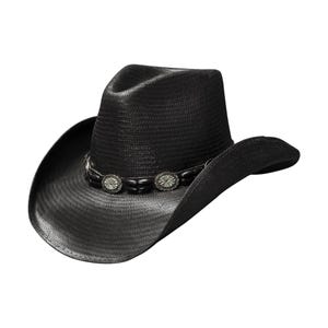 Könnte beinhalten: Ein schwarzer Cowboyhut mit breiter Krempe und einem dekorativen Band aus Perlen und Metallverzierungen.