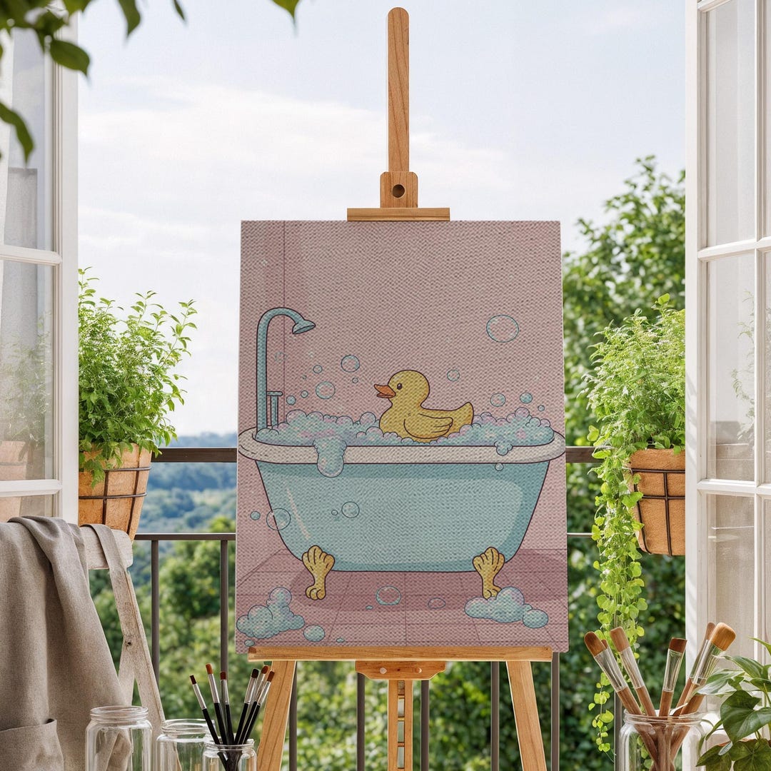 Cute Duck Bath Framed Canvas Wall Art Kids Bathroom Decor Playful ...