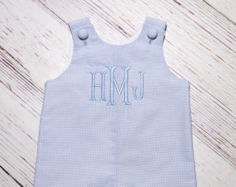 Boys Monogrammed Light Blue Gingham Jon Jon, 1/16 Gingham Monogram Outfit