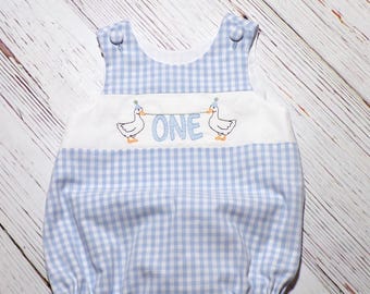 Goose One Birthday Bubble Romper Blue Gingham Romper