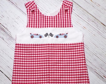 Race Car Gingham Jon Jon - Handmade Baby Outfit