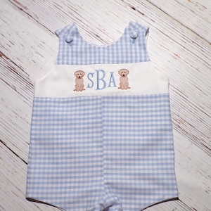 Boys Puppy Jon Jon, Blue Gingham Jon Jon, Monogrammed Romper