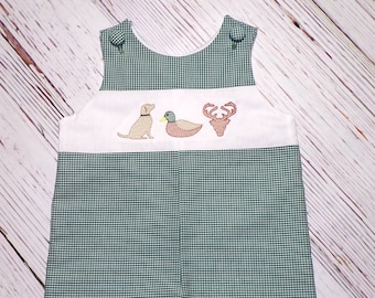 Boys Hunting Jon Jon: Handmade Hunter Green Gingham Embroidery