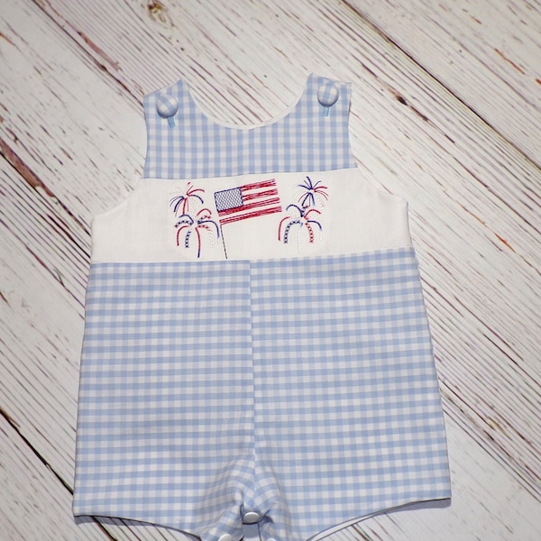 Boys 4th July Outfit, Patriotic Flag Jon Jon, Blue Gingham Romper