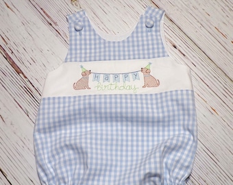 Puppy Birthday Bubble Romper, Blue Gingham Romper
