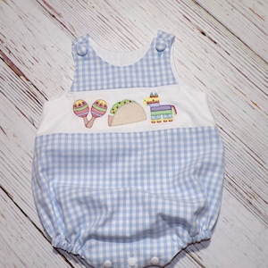 Baby Fiesta Bubble Romper, Blue Gingham Romper, Cinco de Mayo Outfit