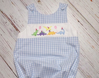 Dinosaur Birthday Bubble Romper, Blue Gingham Romper, Boy Dino Birthday Romper